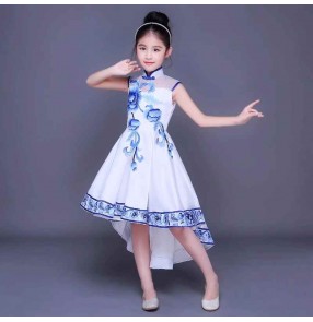 Children Girls tuxedo chinese folk dance Dresses hanfu Blue white porcelain zither poetry recitation chorus performance costumes